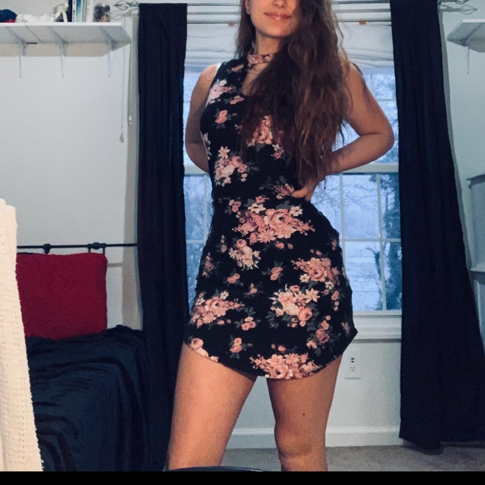 floral form fitting dress.